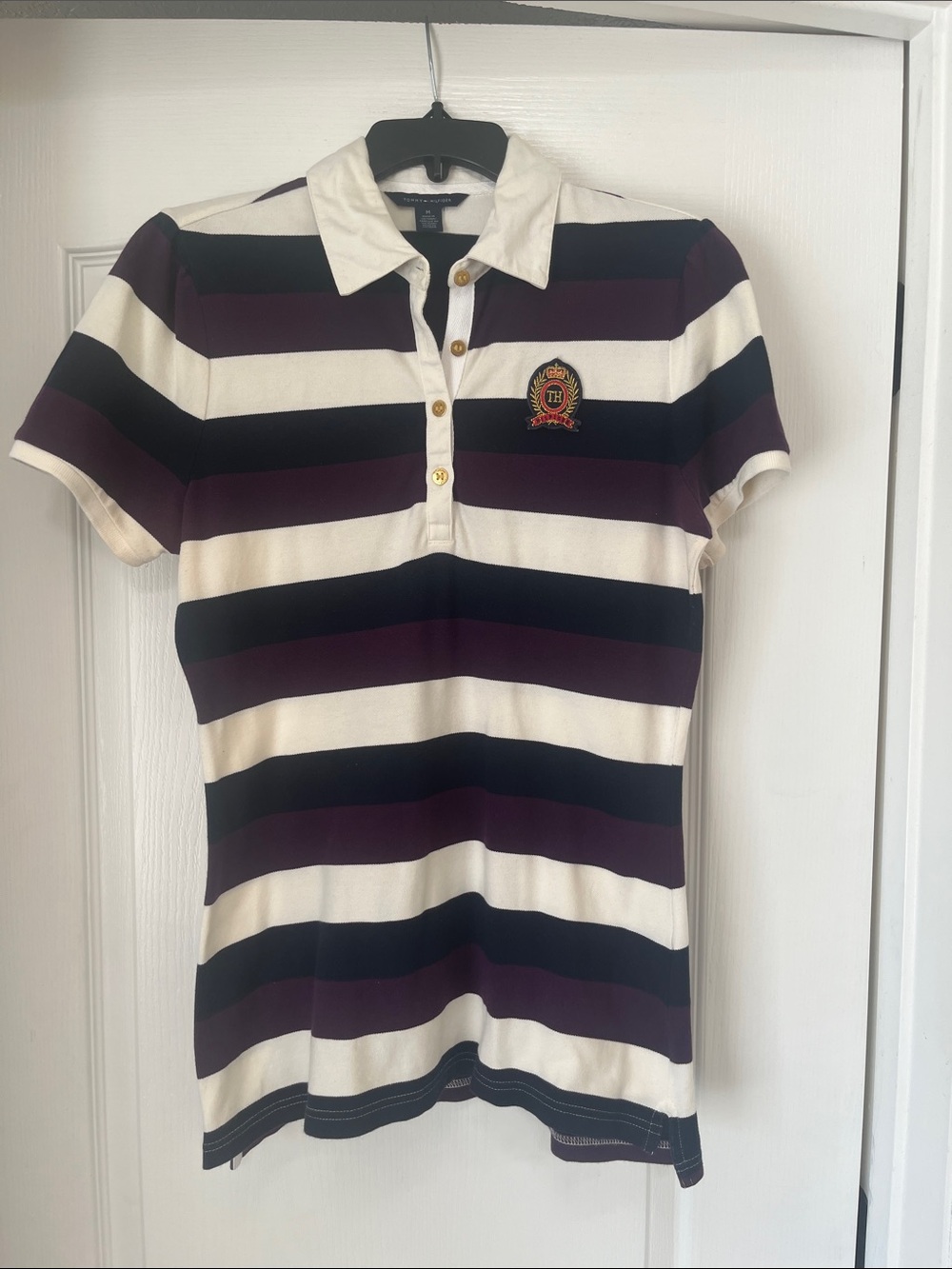 Tommy Hilfiger Women's Striped Polo Top with Crest - Purple & White